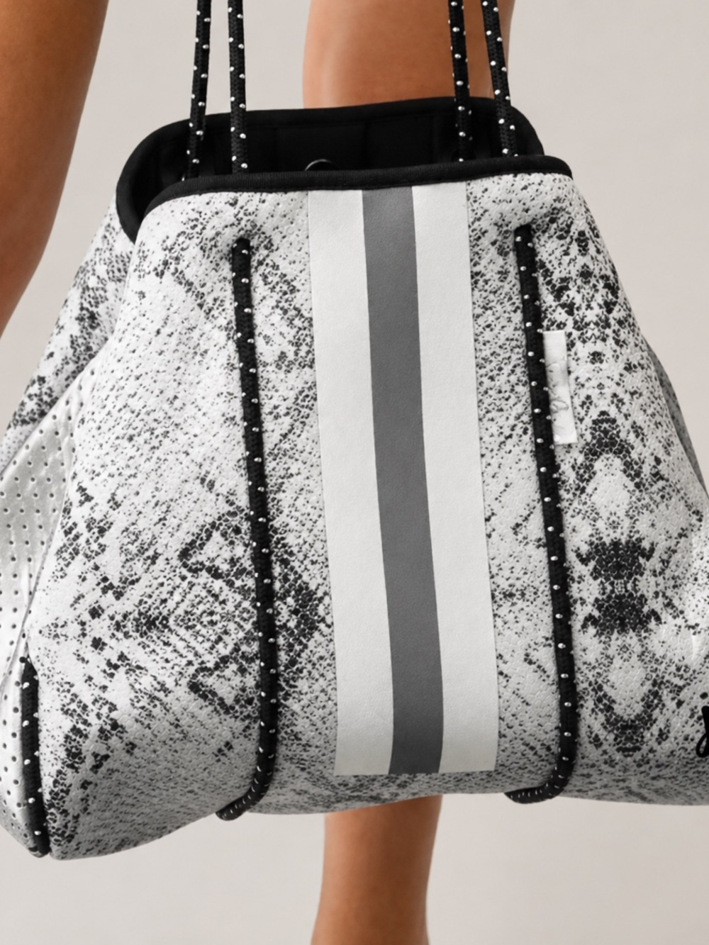 Parker & Hyde Black & White Neoprene Tote w/ Center Grey Stripe and Silver sides